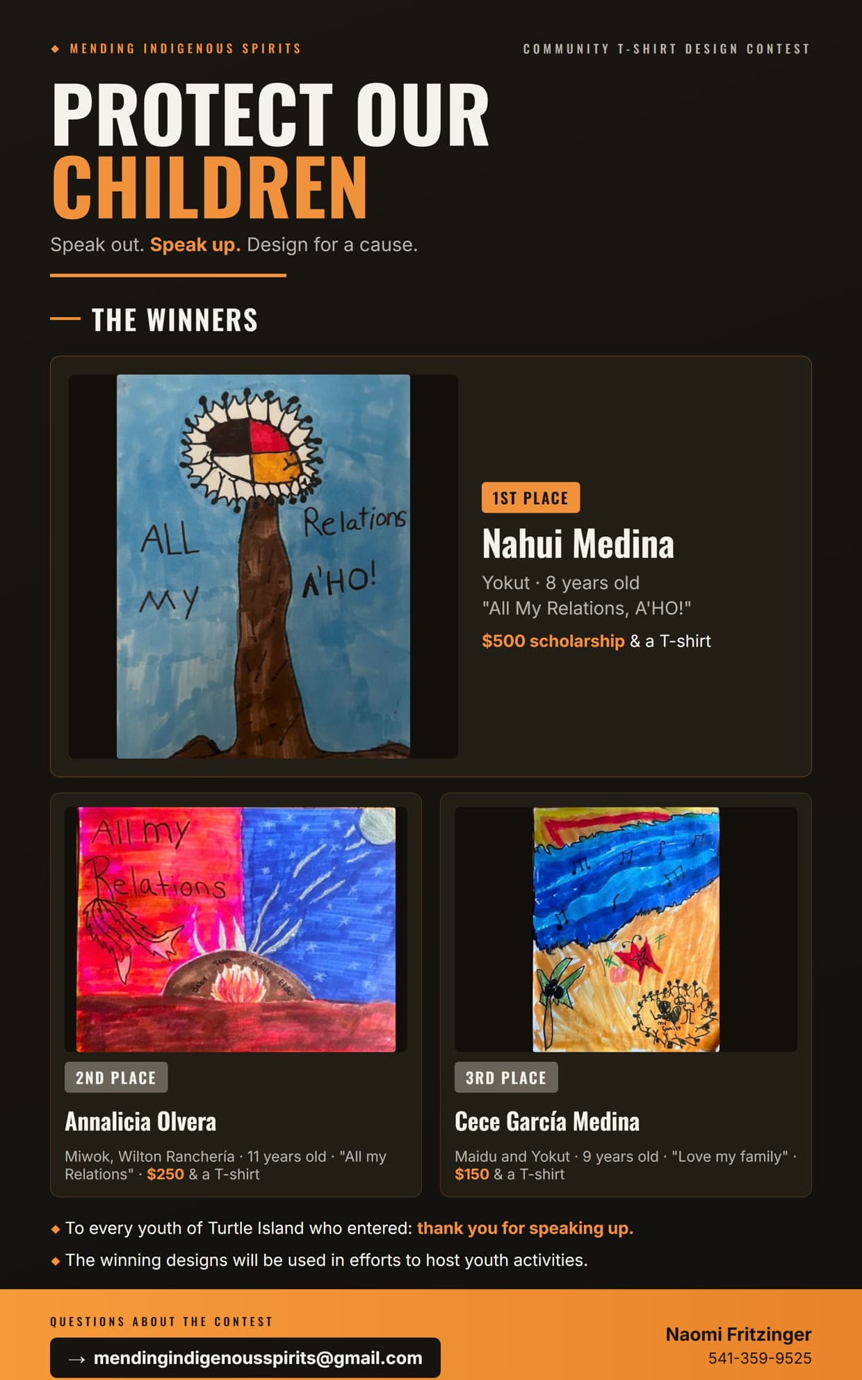 Protect Our Children contest winners flyer. First place Nahui Medina, Yokut, age 8, wins a $500 scholarship and a T-shirt. Second place Annalicia Olvera, Miwok, Wilton Rancheria, age 11, wins $250 and a T-shirt. Third place Cece Garcia Medina, Maidu and Yokut, age 9, wins $150 and a T-shirt. Thank you to every youth of Turtle Island who entered.