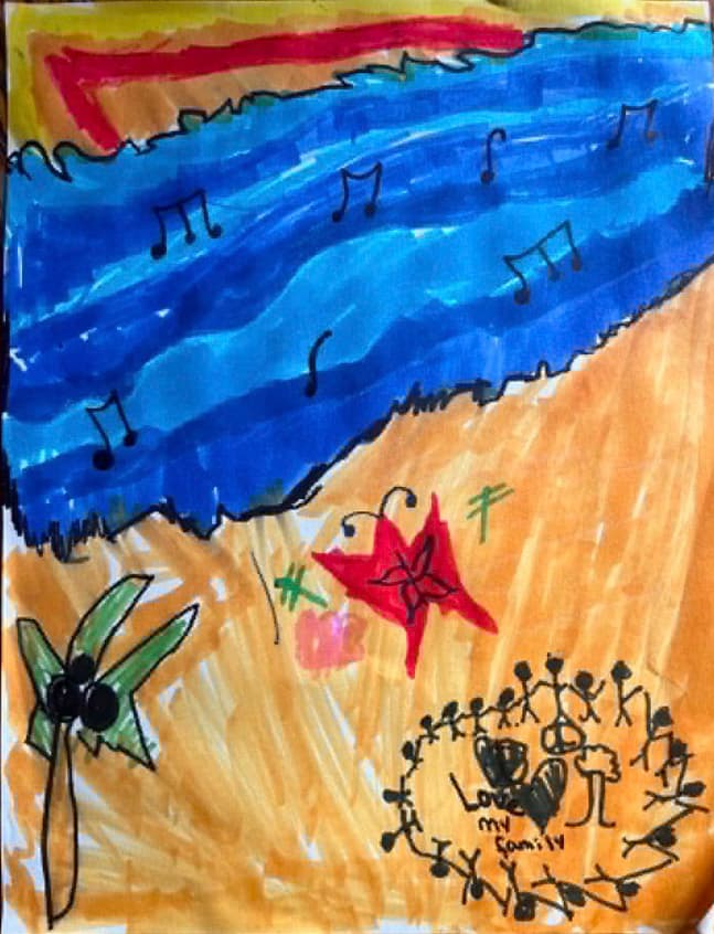 Marker drawing by Cece García Medina: a blue river carrying music notes across a golden field, with a red star, an olive branch, and a circle of figures titled Love my family